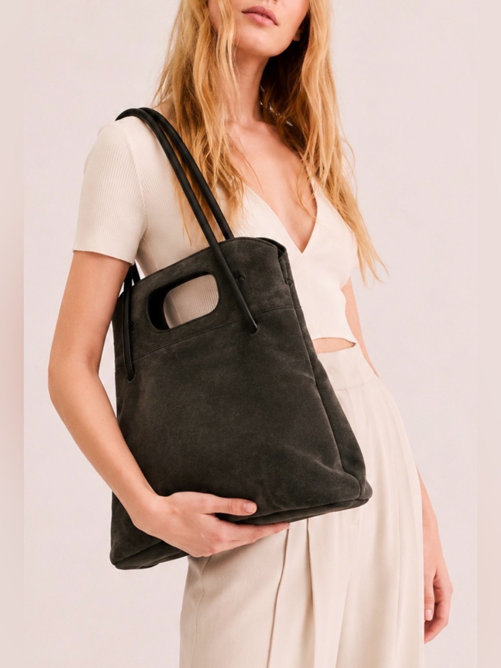 Free People FP Collection Charcoal Gray Suede Tote Shoulder Bag slouchy boho